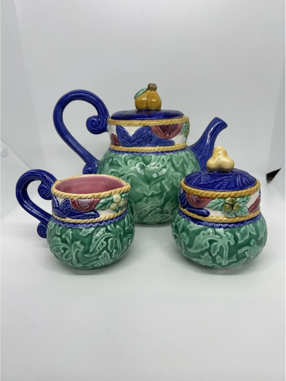 Fitz and Floyd Tea Set Pear Finial Majolica Glaze Green Blue Mid 90s 1995